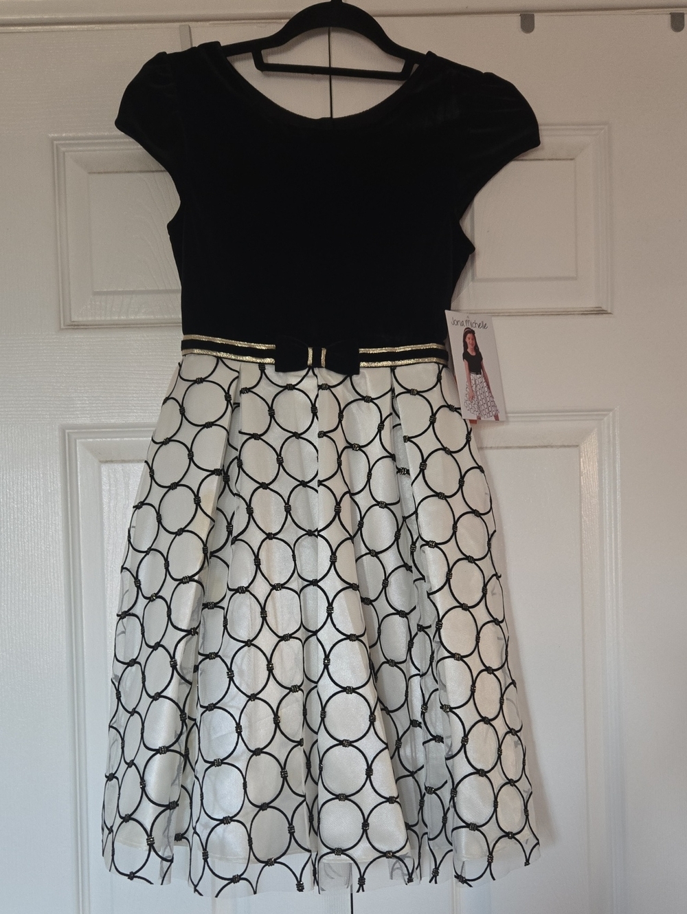 Macy's Black and White Fit-and-Flare Party Dress with Gold Belt Accent